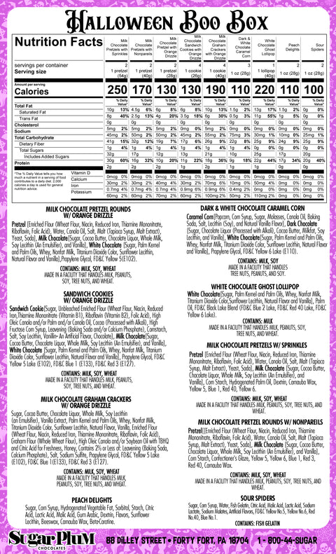 Halloween Boo Box nutritional information including calories and ingredients for snacks like pretzels, cookies, and caramel corn.