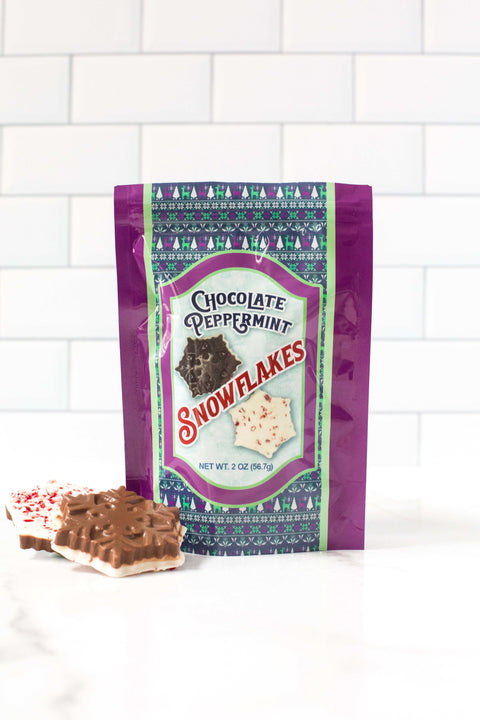 Chocolate Peppermint Snowflakes package with chocolate pretzel treats from the Wonderful Winter Chocolate Holiday Gift Collection.