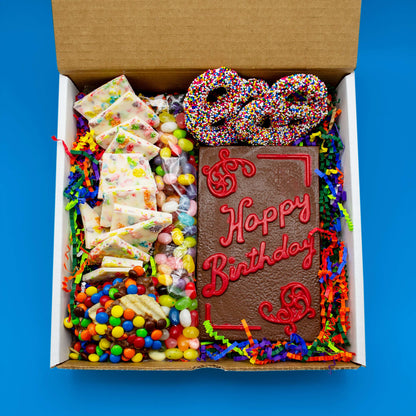 Happy Birthday Box – Fun & Colorful Birthday Gift with Chocolate Bar, Potato Chips & Pretzels | Perfect Birthday Treat
