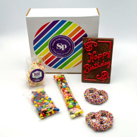 Happy Birthday Box – Fun & Colorful Birthday Gift with Chocolate Bar, Potato Chips & Pretzels | Perfect Birthday Treat