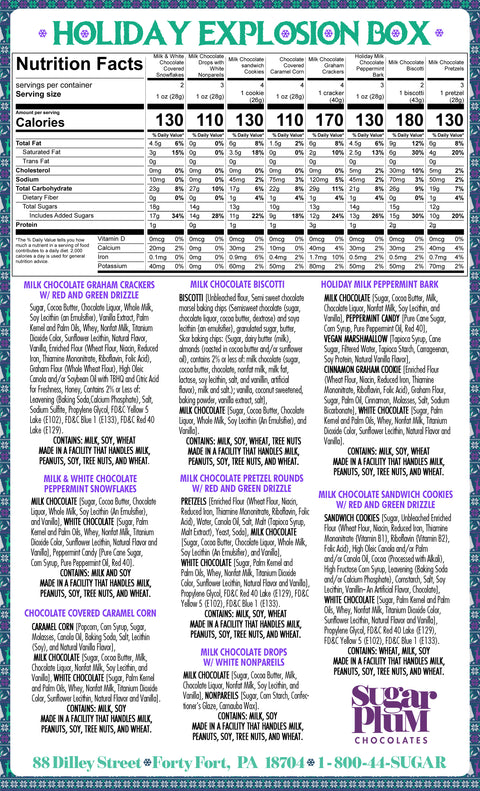 Holiday Explosion Box nutrition facts and ingredient list from Sugar Plum Chocolates.