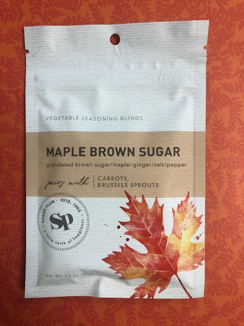 Maple Brown Sugar Vegetable Seasoning Pack with Leaf Design on Orange Background