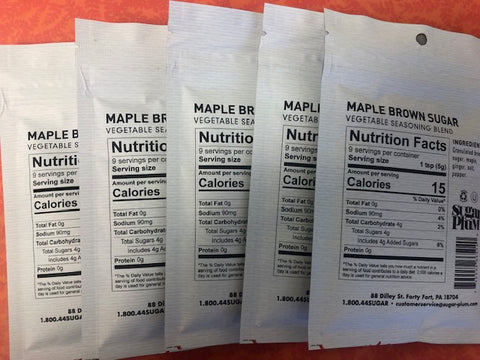 Maple Brown Sugar Vegetable Seasoning packets with nutritional facts displayed.