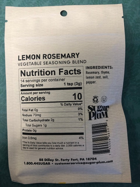 Nutrition facts and ingredients of Lemon Rosemary Vegetable Seasoning Blend by Sugar Plum.