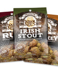 Beer & Bourbon Flavored Peanuts 3-Pack Sampler featuring Irish Stout, Rum, and Whiskey flavors in vibrant packaging.