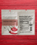Mexican Street Corn Vegetable Seasoning 5-pack with chili, lime, garlic spice blend on red wood background.