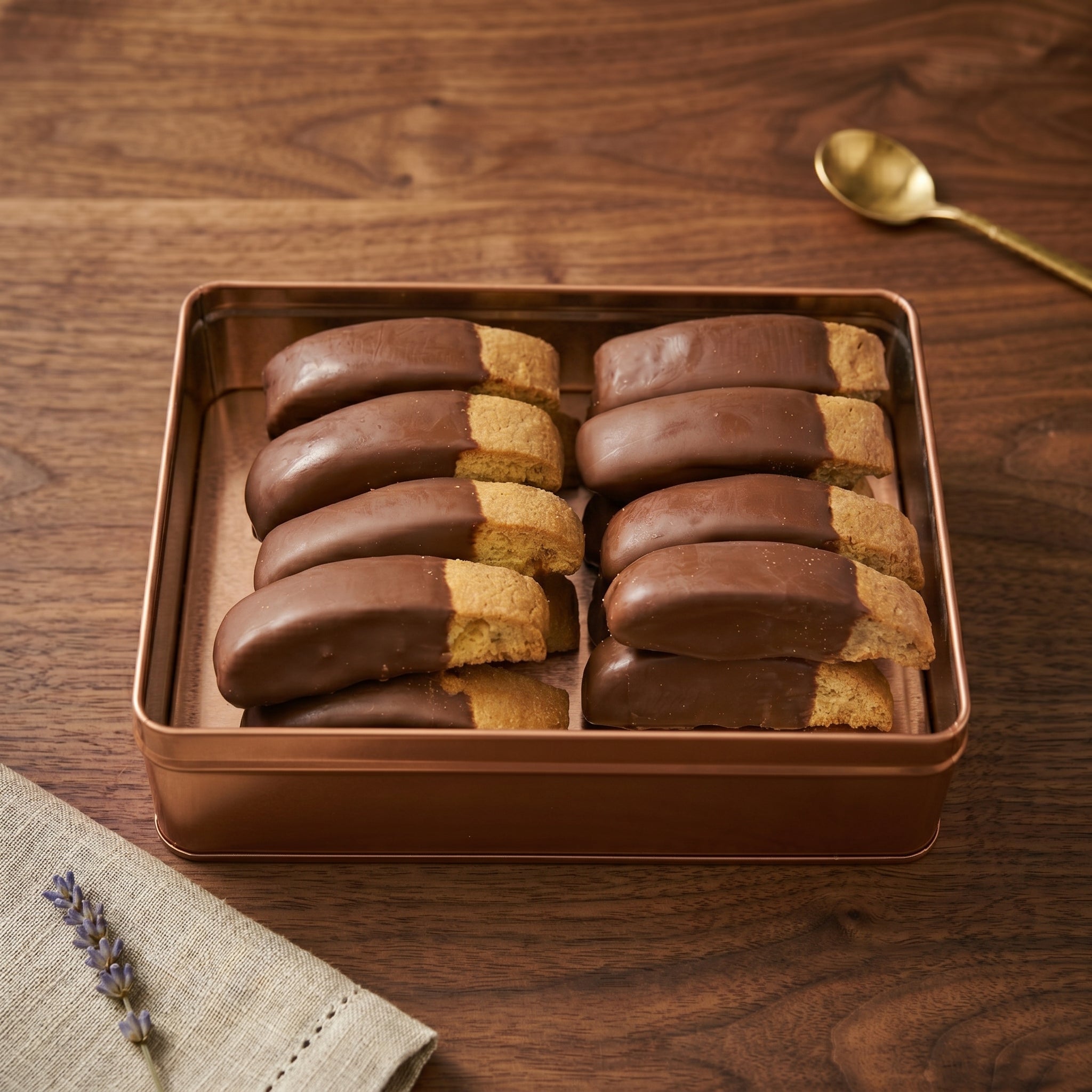 Copper Tin of Hand Dipped Milk Chocolate Biscotti