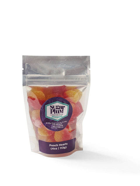 Sugar Plum's Peach Hearts gourmet snacks in resealable pouch, part of the Comfort Box care package.
