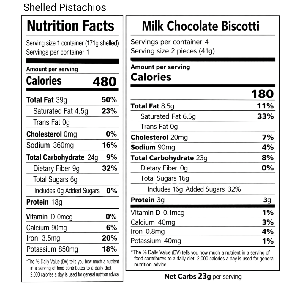 Nutrition facts label for shelled pistachios and milk chocolate biscotti.