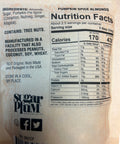 Nutrition facts label for Sugar Plum Pumpkin Spice Almonds detailing ingredients, calorie content, and dietary information.