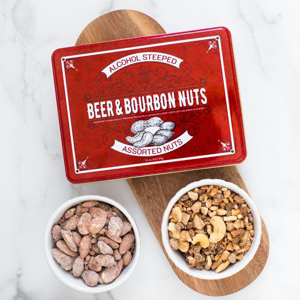 Red Tin of Assorted Beer & Bourbon Liquor Nuts
