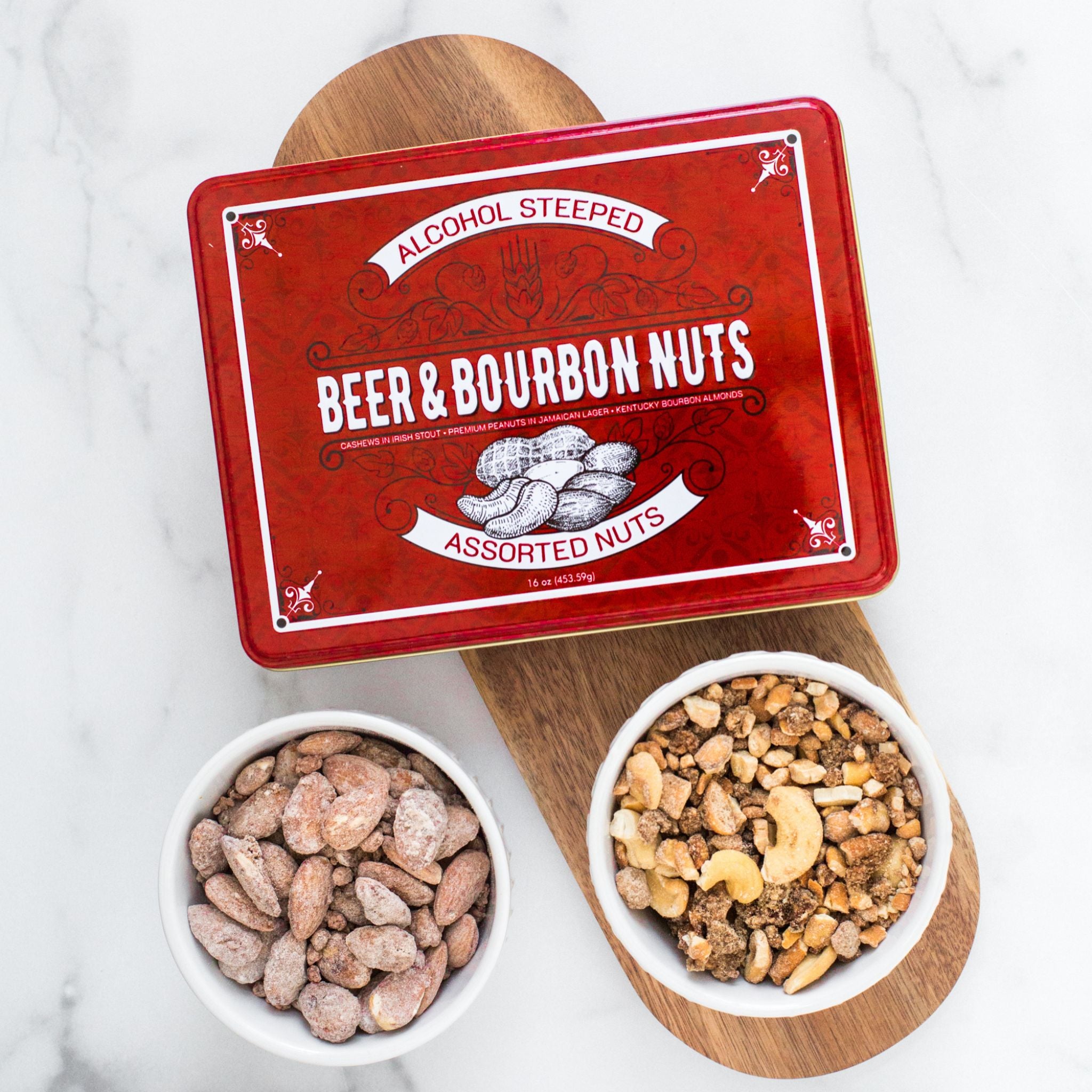Red Tin of Assorted Beer & Bourbon Liquor Nuts