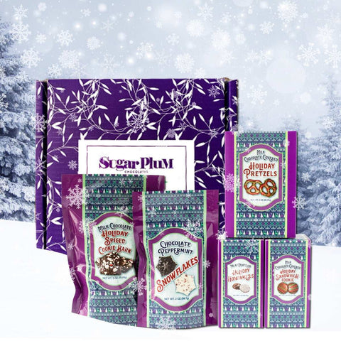 Winter Chocolate Holiday Gift Collection with Peppermint Snowflakes, Chocolate Pretzels, and festive treats from Sugar Plum.