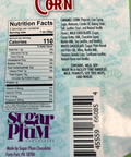 Sugar Plum Caramel Corn package with nutrition facts and ingredients list, highlighting white and milk chocolate drizzle details.