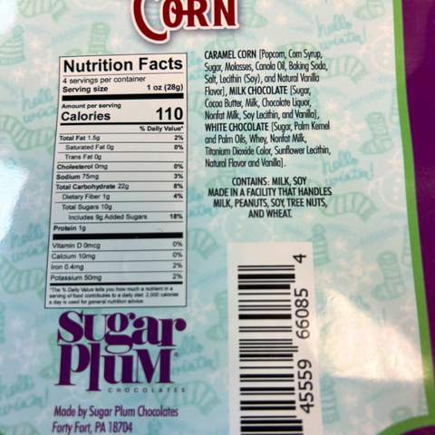 Nutrition Facts Caramel Corn with White and Milk Chocolate Drizzle 