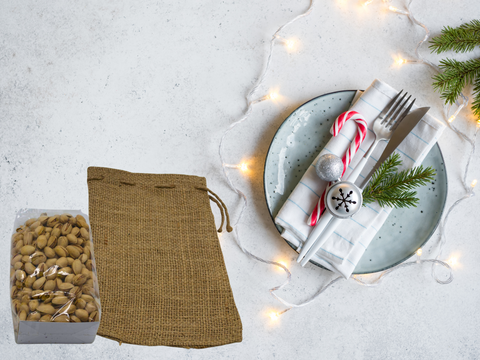 Salted Pistachios In Shells in Burlap Bag Christmas Present