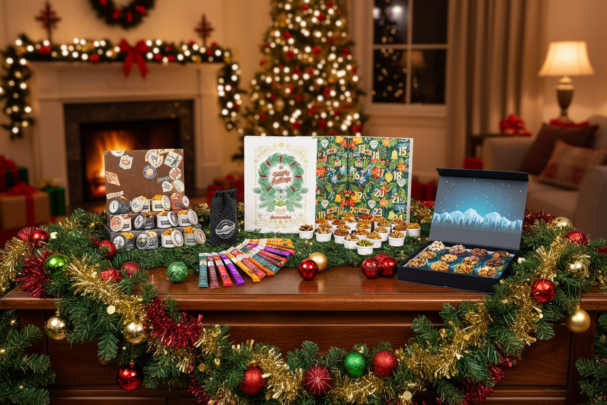 Decorative display of Christmas-themed products on a mantelpiece with festive decorations.
