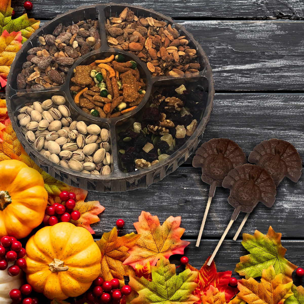 Thanksgiving Fall Nut and Snack Tray with 3 Chocolate Turkey Lollipops
