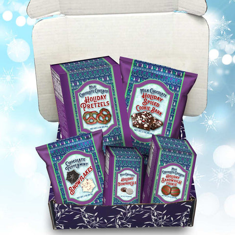 Wonderful Winter Chocolate Holiday Gift Collection with gourmet snacks including peppermint snowflakes and chocolate pretzels.