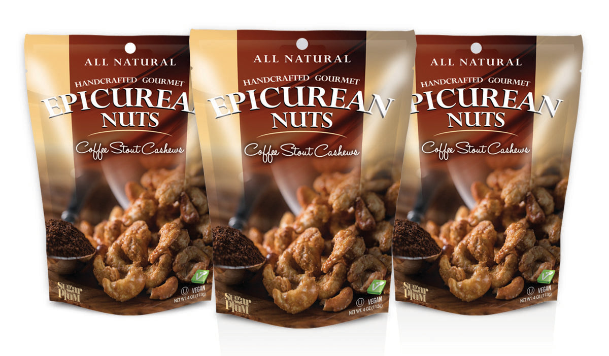 Epicurean Coffee Stout Cashews 3 Pack by Sugar Plum, gourmet kettle-cooked cashews with Irish stout and coffee blend, 4 oz bags.