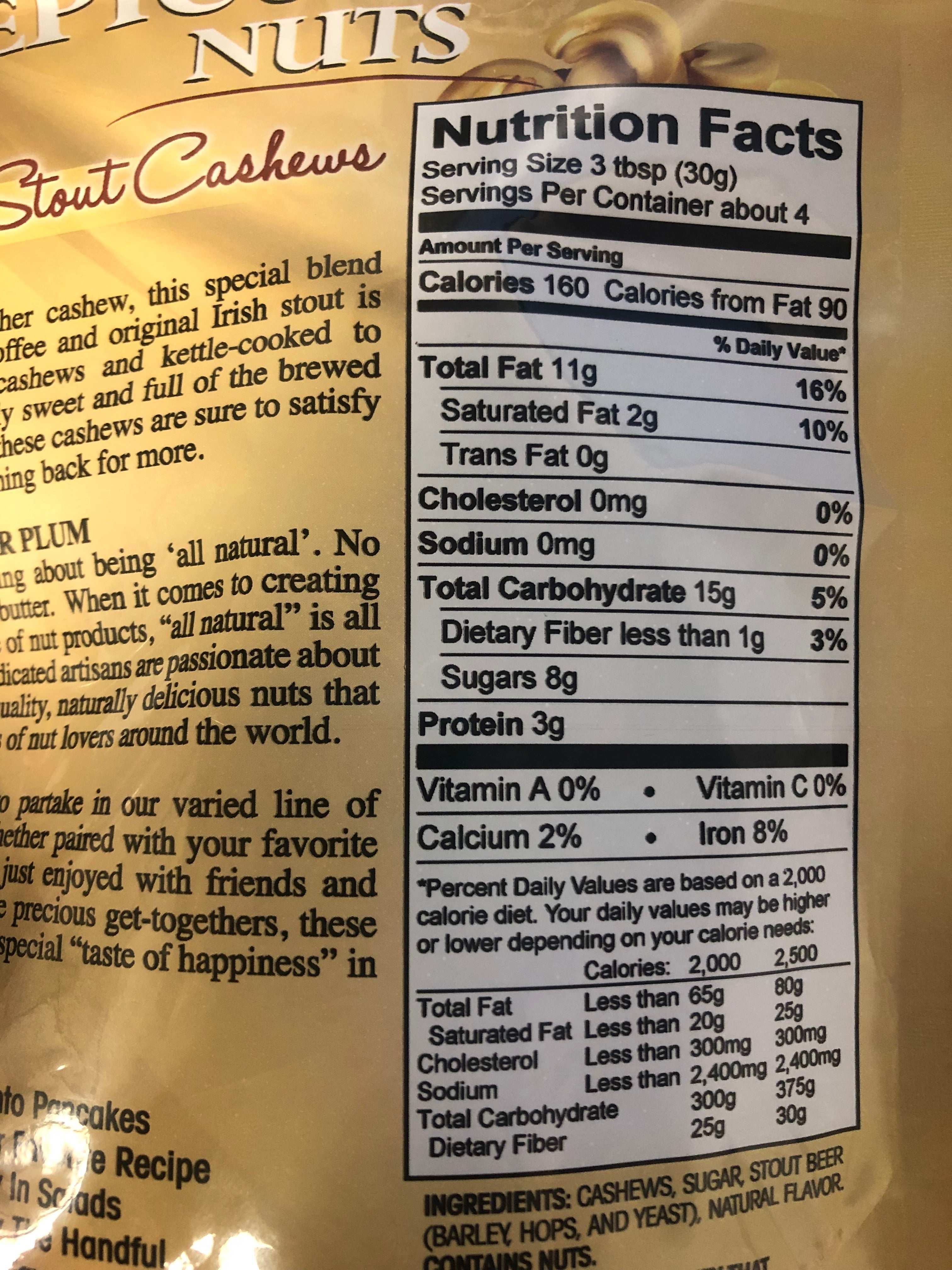 Nutrition facts label for Epicurean Coffee Stout Cashews by Sugar Plum, showing calories, fats, carbohydrates, and protein content.