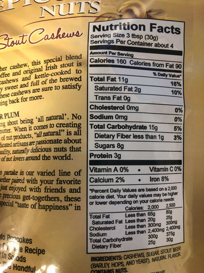 Nutrition facts label for Epicurean Coffee Stout Cashews by Sugar Plum, showing calories, fats, carbohydrates, and protein content.