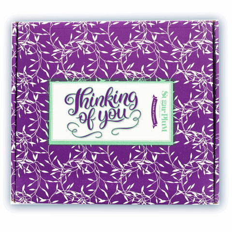 Decorative purple box with "Thinking of You" message, part of Sugar Plum’s Comfort Box - 15 Gourmet Snacks Care Package.