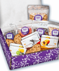 Gourmet snack care package with 15 sweet and salty treats in a purple box, perfect for sympathy or get-well gifts.
