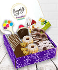 Gourmet chocolate and cookies gift box with biscotti, pretzels, and teas for milestone celebrations. Perfect congratulatory gift.