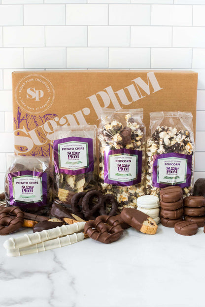 Sugar Plum Double Decadence chocolate assortment with gourmet milk, dark, and white chocolates, perfect gift box for special occasions.