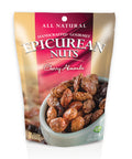 "Epicurean Nuts Cherry Almonds in resealable bag, featuring gourmet California almonds infused with natural cherry flavor."