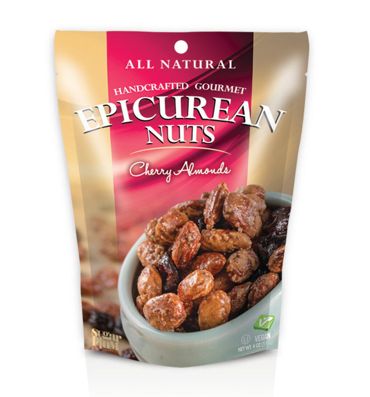 "Epicurean Nuts Cherry Almonds in resealable bag, featuring gourmet California almonds infused with natural cherry flavor."