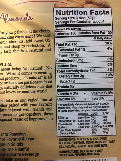 Nutrition facts label for Epicurean Nuts Cherry Almonds, detailing calorie, fat, carbohydrate, and vitamin content per serving.