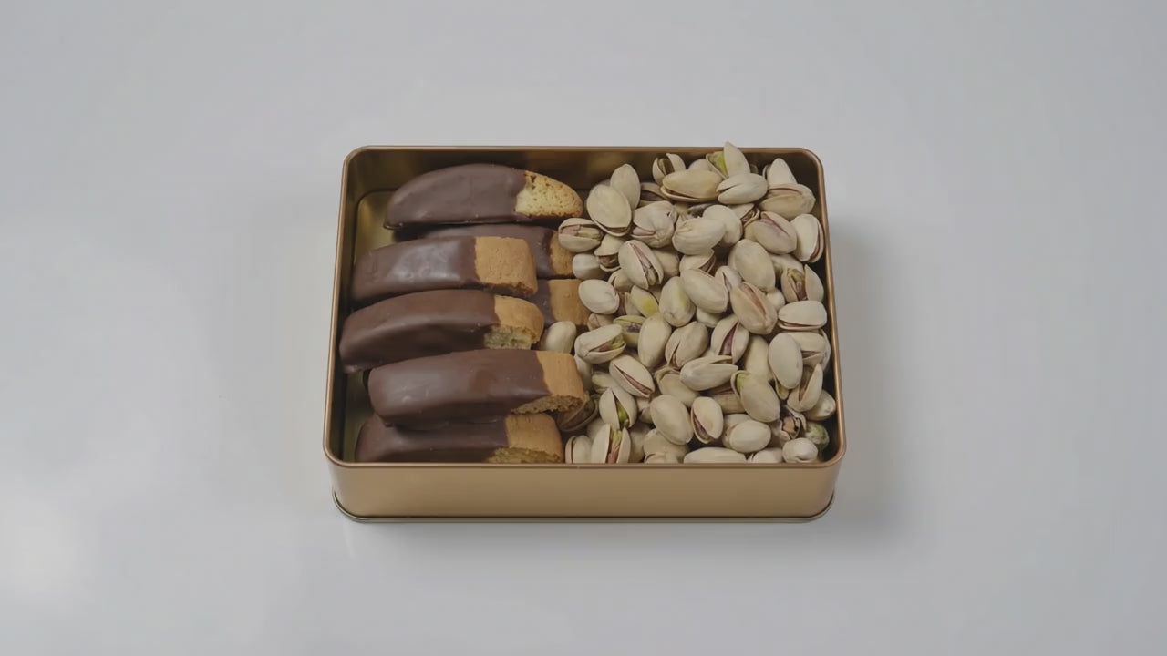 Load video: Chocolate Biscotti Pistachio Gift Tin Video
