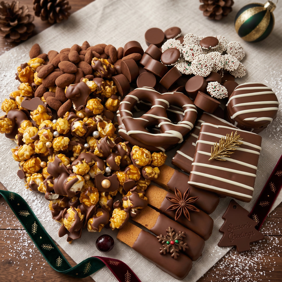 Sugar Plum chocolate-covered pretzels, caramel popcorn, chocolates, and nuts