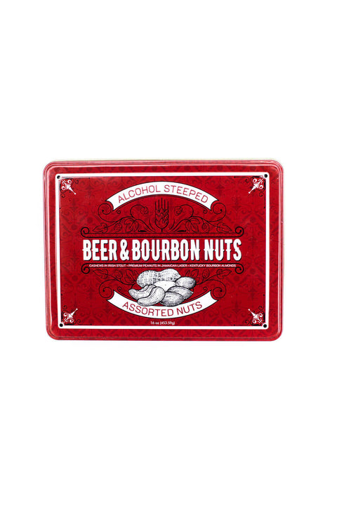 Red gift tin of Beer & Bourbon Liquor Nuts featuring assorted gourmet nuts infused with stout, lager, and bourbon flavors.