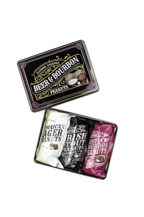Beer & Bourbon Liquor Peanuts Tin with Jamaican Lager, Irish Stout, and Kentucky Bourbon flavors in a 16 oz gift tin.