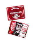 Beer and Bourbon Liquor Nuts Gift Tin with Irish Stout Cashews, Jamaican Lager Peanuts, and Kentucky Bourbon Almonds.