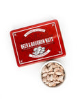 Red tin of Beer & Bourbon Nuts with a bowl of assorted gourmet nuts, perfect gift for snack lovers.