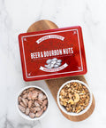 Beer & Bourbon Nuts Gift Tin with Gourmet Assorted Nuts in Bowls on Wooden Tray