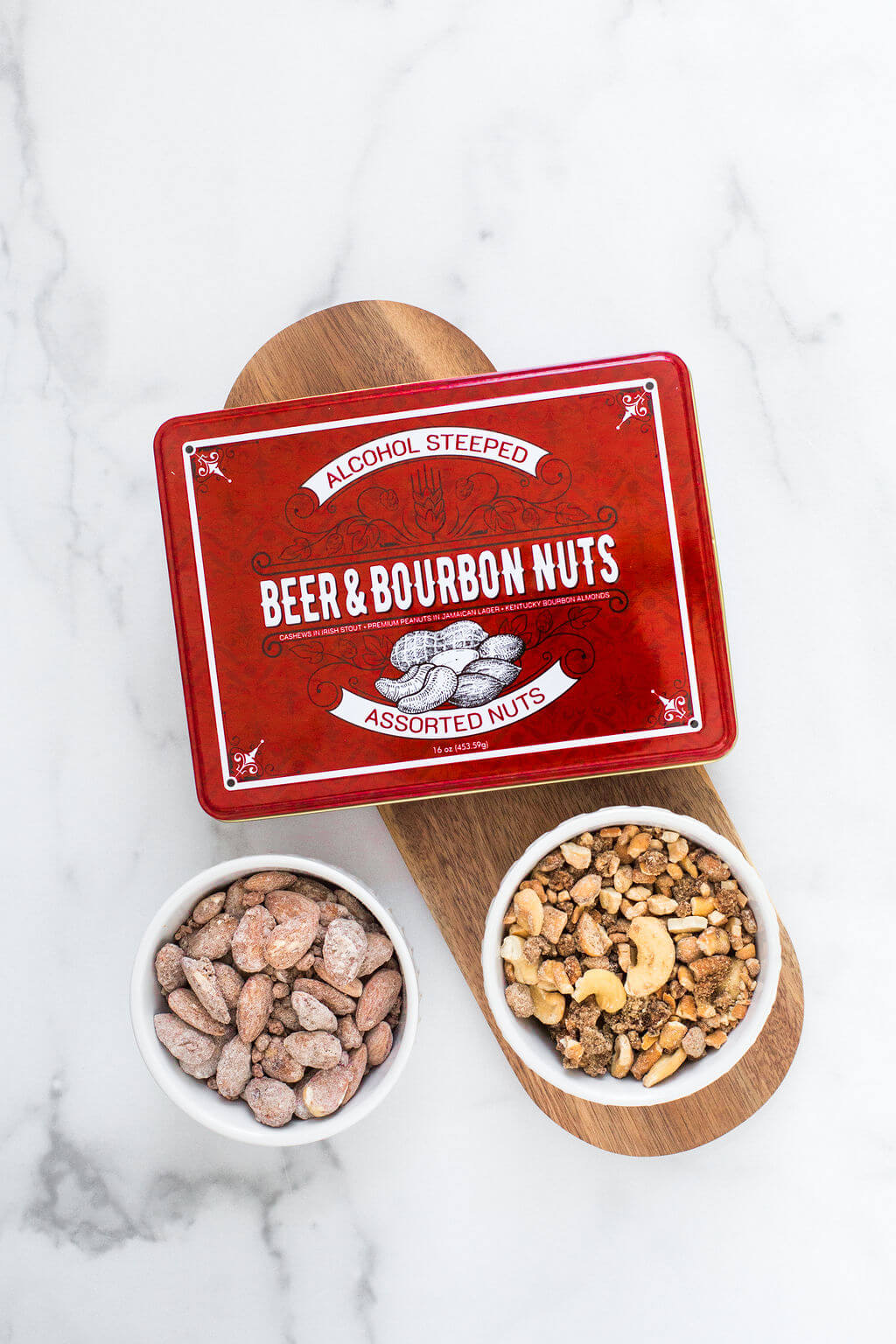 Beer & Bourbon Nuts Gift Tin with Gourmet Assorted Nuts in Bowls on Wooden Tray