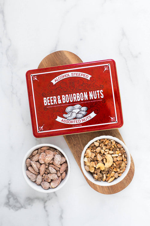 Beer & Bourbon Nuts Gift Tin with Gourmet Assorted Nuts in Bowls on Wooden Tray