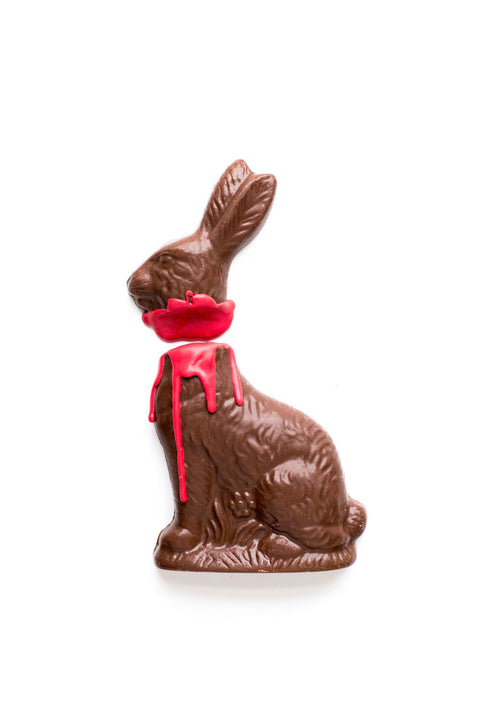 Handcrafted chocolate zombie bunny with red icing, part of LIMITED EDITION Halloween or Easter candy gift set.