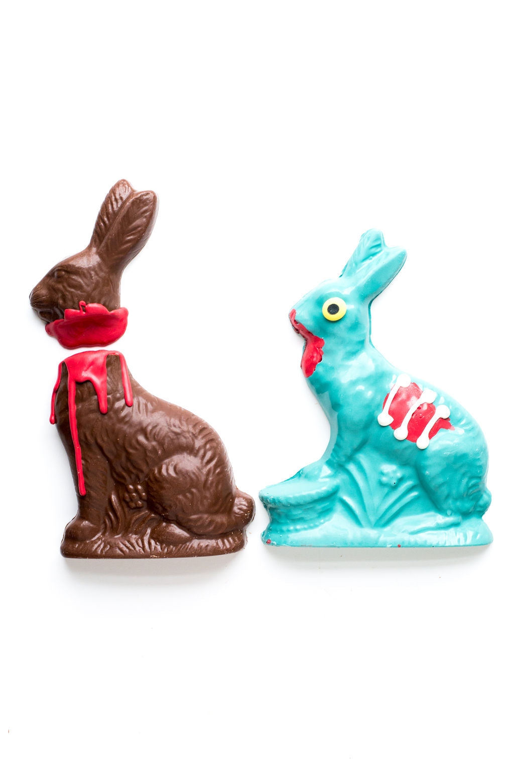 Handcrafted limited edition chocolate zombie bunny and victim set for Halloween or Easter candy gift.