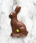 Milk Chocolate Easter Bunny with eye and spring flower decoration on marble background.