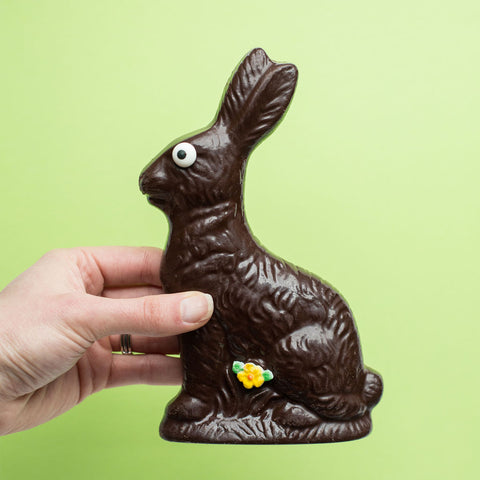 Handmade dark chocolate Easter bunny with a spring flower, wrapped in a cello bag with a bow, perfect for holiday baskets.