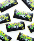 Chocolate Zombie Bar set, premium white chocolate with crispies, spooky Halloween candy in black packaging with green lettering.