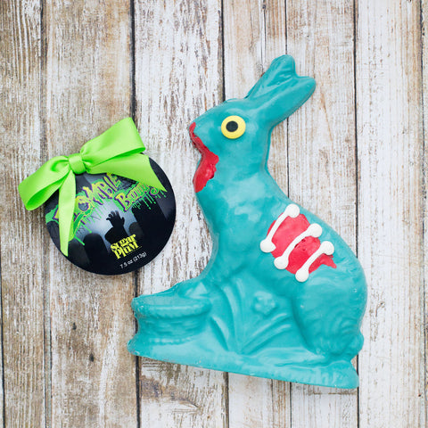 Handcrafted 7.5 oz white chocolate zombie bunny with eerie details, perfect for Halloween celebrations and spooky parties.