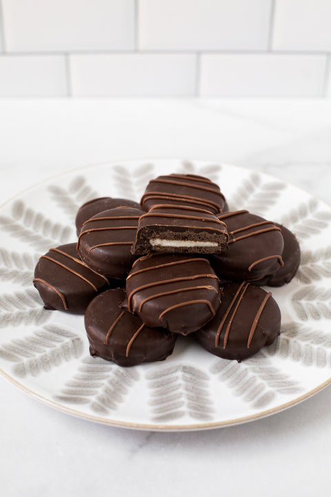 Chocolate-Covered Sandwich Cookies - Box of 12 - Sugar Plum Chocolates with dark chocolate.