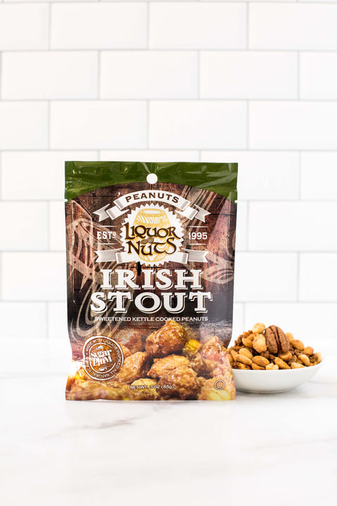 Gourmet Irish Stout flavored peanuts in packaging with a bowl, perfect liquor-inspired snack for gifting.